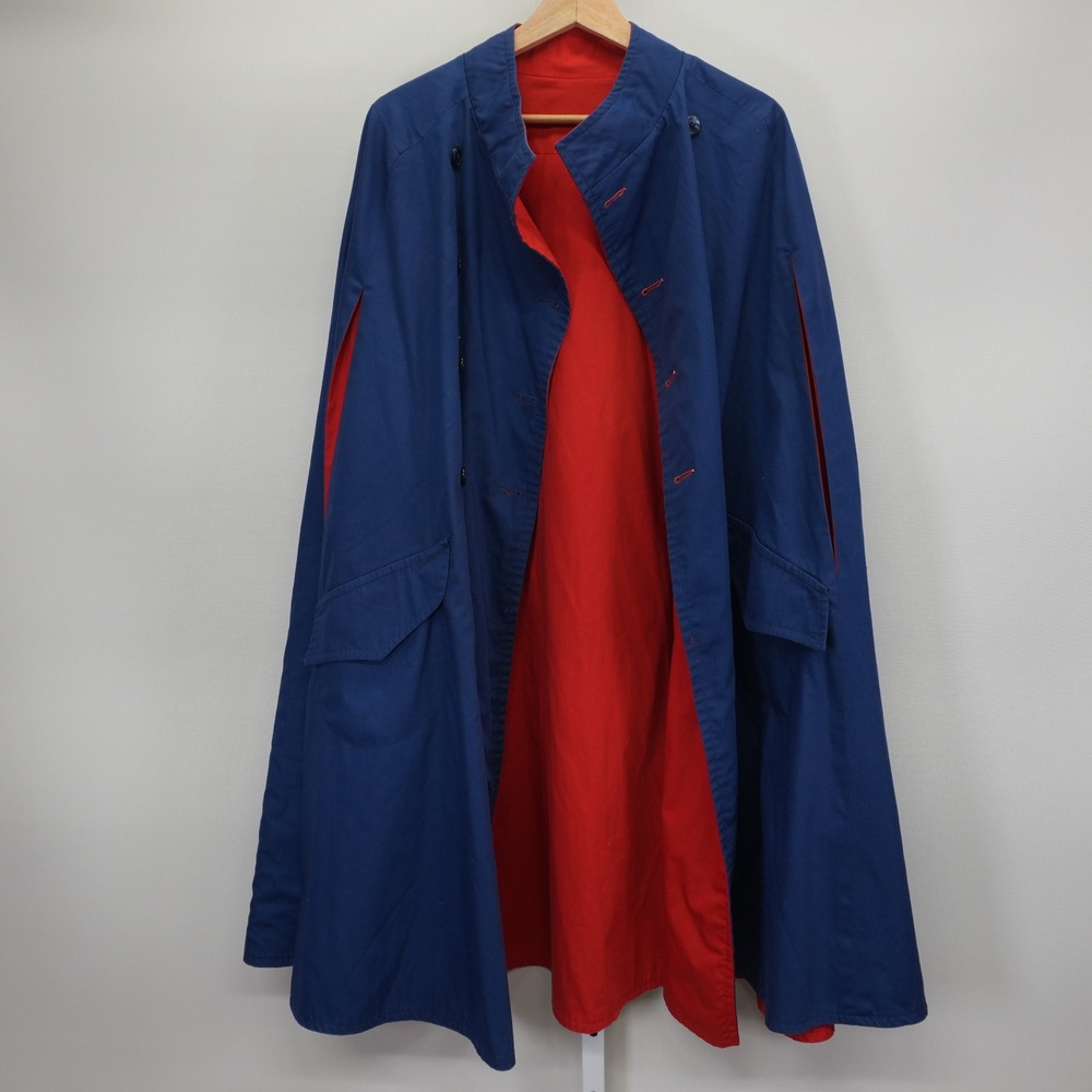 Vintage Reversible Double Breasted Cape Coat Red Navy Blue Arm Slits Pockets